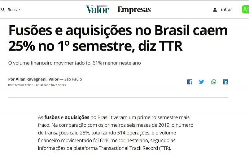 Fuses e aquisies no Brasil caem 25% no 1 semestre, diz TTR